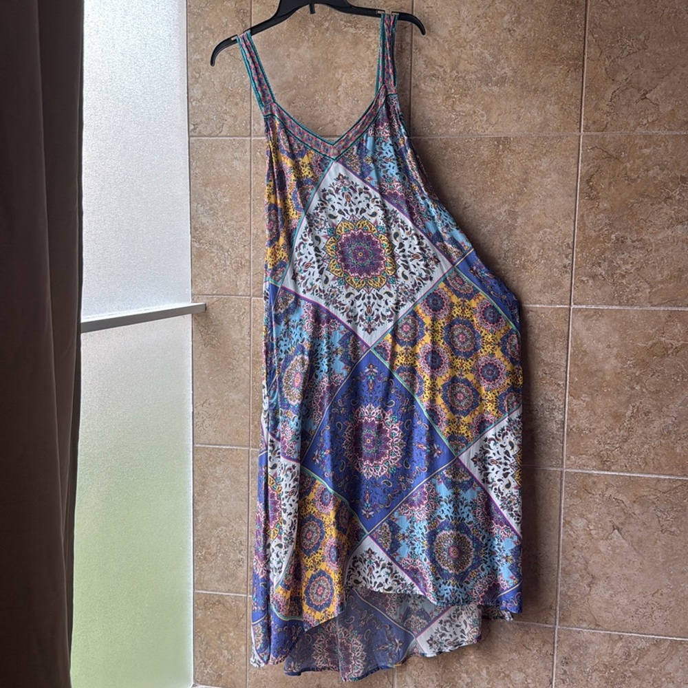 Sundance Triya Tapestry Dress Cerulean Patchwork Medallion Print POCKETS M Boho